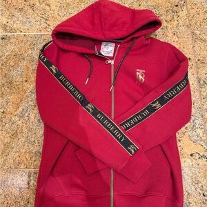 Burberry style Burgundy Zip-Up Hoodie with Logo Accents